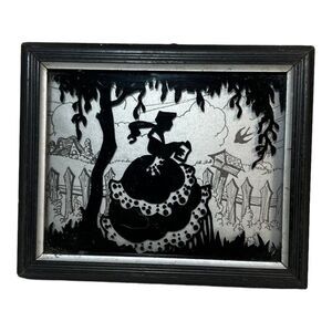 Vintage Silhouette Picture Black Silver Glad Tidings Victorian Woman Garden READ